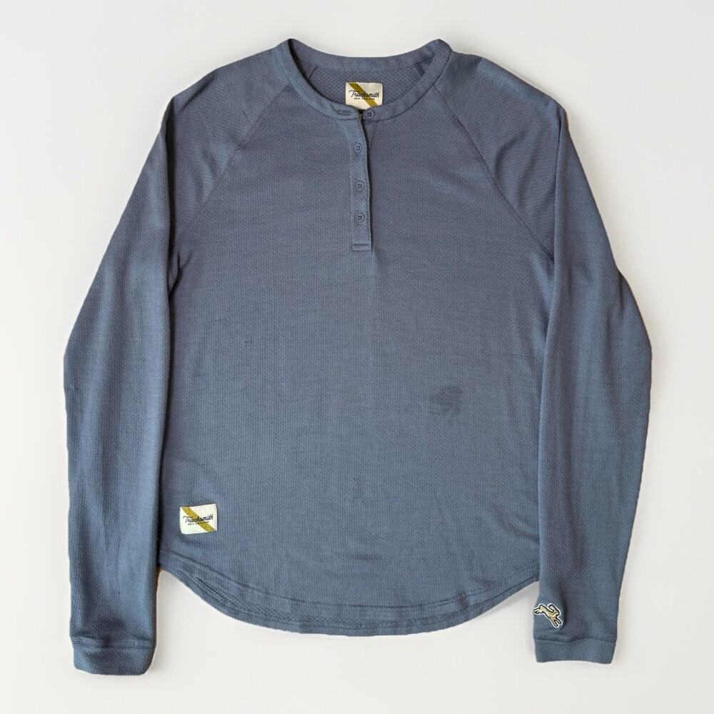 Tracksmith Merino Henley Shirt Women's M Blue Wool Long Sleeve Running